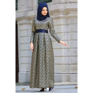Neva Style Tesettürlü Abiye Elbise - Jakarlı Lacivert Tesettür Abiye Elbise 24415L