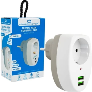 PM-4911 Çift USB'li Beyaz Tekli Akım Korumalı Priz