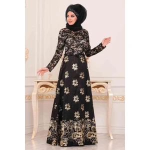 Nayla Collection - Çiçek Desenli Siyah Tesettür Abiye Elbise 82457S