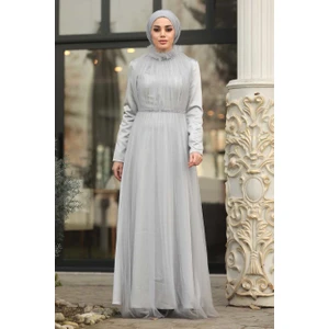 Neva Style Tesettürlü Abiye Elbise - Boncuk Detaylı Gri Tesettür Abiye Elbise 2203GR