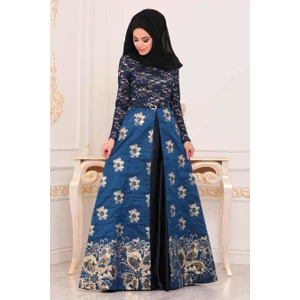 Nayla Collection - Çiçek Desenli Sax Mavisi Tesettür Abiye Elbise 82457SX