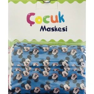 50 Adet Tek Kullanımlık 3 Katlı Meltblown Mavi Micky Mause Desenli Çocuk Maskesi