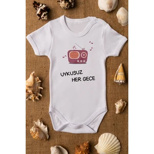 Bebek Uykusuz Her Gece Baskılı Beyaz Çıtçıtlı Body Zıbın 5049