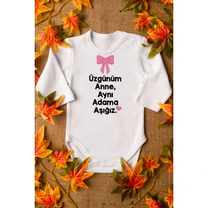Kız Bebek Üzgünüm Anne Yazılı Organik Baskılı Uzun Kollu Beyaz Çıtçıtlı Body / Zıbın 8001