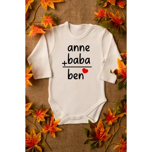 Bebek Anne Baba Yazılı Organik Baskılı Uzun Kollu Ekru Çıtçıtlı Body / Zıbın 8002