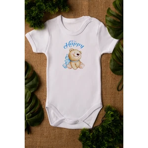 Sevimli Mutlu Ayıcık Happy Organik Baskılı Pamuklu Beyaz Çıtçıtlı Body Zıbın 5102
