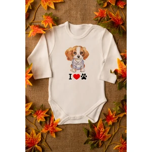 Bebek Sevimli Köpek Organik Baskılı Uzun Kollu Ekru Çıtçıtlı Body / Zıbın 8009