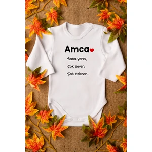 Bebek Amca Baba Yarısı Yazılı Organik Baskılı Uzun Kollu Beyaz Çıtçıtlı Body / Zıbın 8007