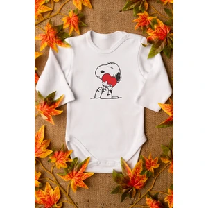 Bebek Snoopy Organik Baskılı Pamuklu Beyaz Çıtçıtlı Body Zıbın 8082
