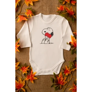 Bebek Snoopy Organik Baskılı Pamuklu Ekru Çıtçıtlı Body Zıbın 8082