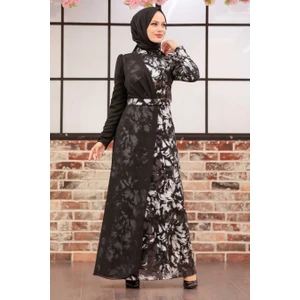 Neva Style Tesettürlü Abiye Elbise - Desenli Gümüş Tesettür Abiye Elbise 32431GMS