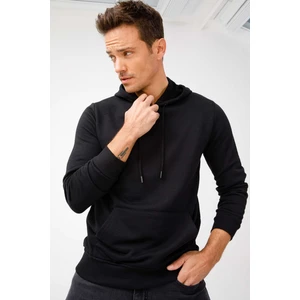 Erkek Siyah Modernfit / Dar Kalıp Kapşonlu Fermuarsız Sweatshirt