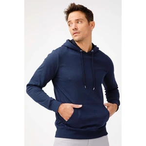 Erkek Lacivert Modernfit / Dar Kalıp Kapşonlu Fermuarsız Sweatshirt