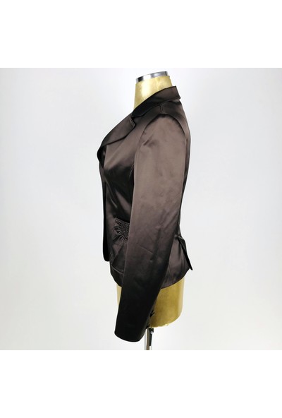 Sny Italyan Yaka Düğmeli Cepli Kahverengi Saten Kadın Ceket