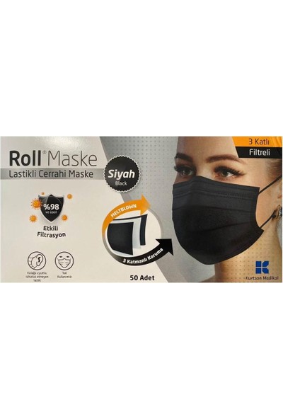 Roll Maske 3 Katlı Lastikli Siyah Cerrahi Maske 50 Adet