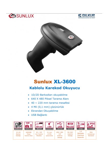 XL-3600 El Tipi Laser USB Kablolu 1D ve 2D Karekod Barkod Okuyucu