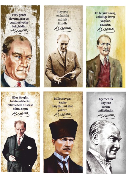 Mustafa Kemal Atatürk 6lı Mini Retro Ahşap Poster Seti Uv Baskılı-2