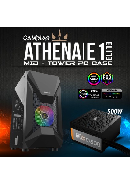 Gamdıas Athena E1 Elite Tempered Glass Mesh ArGB 500W Gamıng Kasa