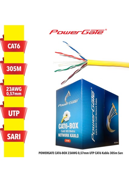 Cat6-Box 23AWG 0,57MM Utp Cat6 Kablo 305M Sarı