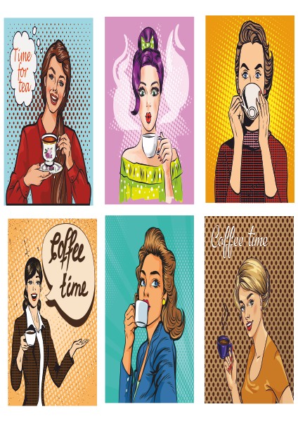 Pop Art Kahve Içen Kadınlar 6lı Mini Retro Ahşap Poster Seti Uv Baskılı