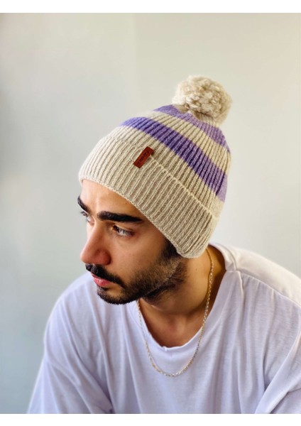Ponponlu Unisex Çizgili Bere Kadın Lila modelleri