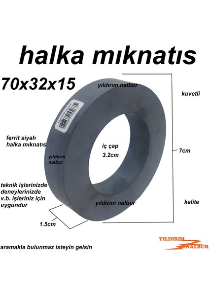 4 Adet Mıknatıs Halka Siyah 70 x 32 x 15 Yuvarlak Simit Tip Daire Klaın Geniş