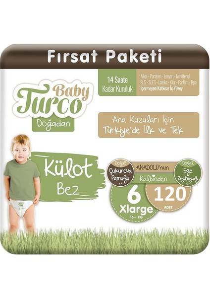 Baby Turco Kargo Bedava Baby Turco Doğadan Külot Bez 6 Numara Xlarge 120 Adet 16+Kg