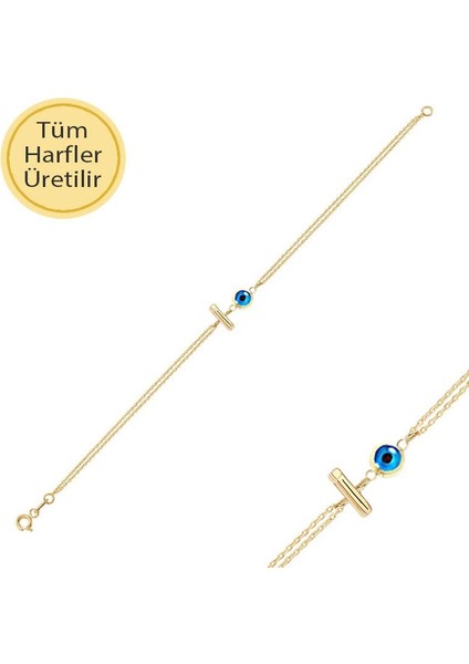 14K Altın Nazar Boncuklu I Harfli Bileklik
