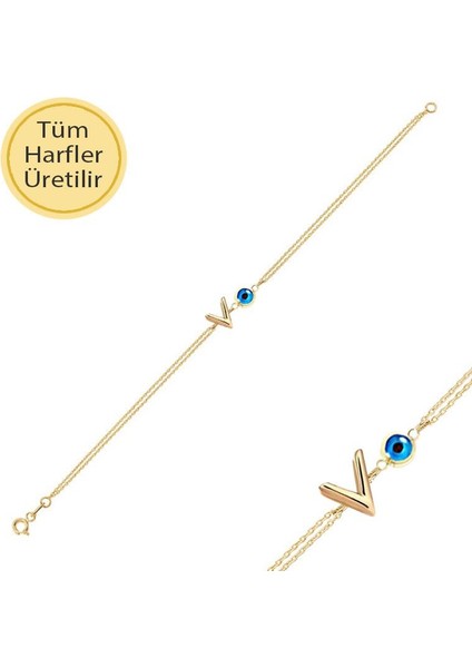 14K Altın Nazar Boncuklu V Harfli Bileklik