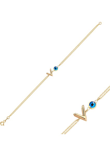 14K Altın Nazar Boncuklu V Harfli Bileklik fiyatları