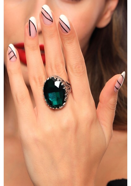 Kadın Antik Gümüş Kaplama Yeşil Renk Savarowski Taş Detaylı Ayarlanabilir Yüzük