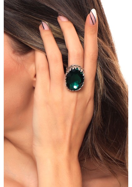Kadın Antik Gümüş Kaplama Yeşil Renk Savarowski Taş Detaylı Ayarlanabilir Yüzük fiyatları