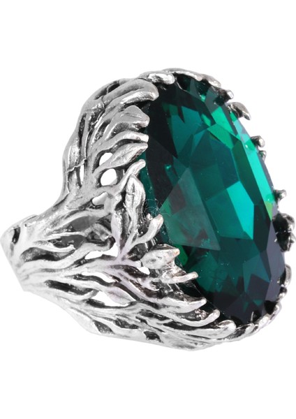 Kadın Antik Gümüş Kaplama Yeşil Renk Savarowski Taş Detaylı Ayarlanabilir Yüzük fırsatları