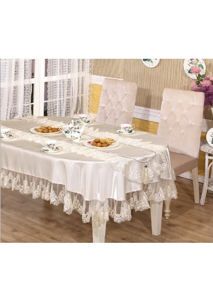 Isabella Lüx Dantelli Strass Taşlı Monoray Kumaş Krem Masa Örtüsü & Runner 170x230 cm 2 Parça - 184