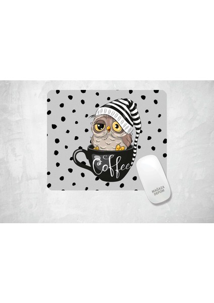 Kahve Sever Gececi Baykuş - Kare Baskılı Mouse Pad