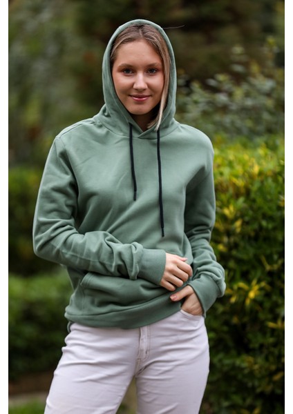 Kapüşonlu Sweatshirt Kanguru Cepli Yesil
