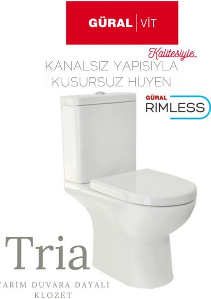 Güral Vit Klozet Takımı | Tria Yarım Duvara Dayalı Klozet + Rezervuar + Güral Duroplast  Klozet Kapağı |