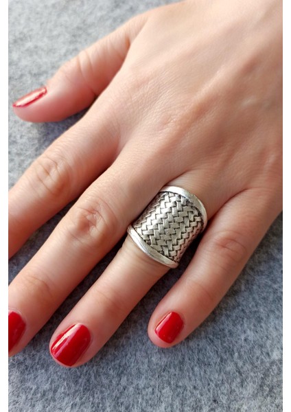 Antik Gümüş Kaplama Hasır Deseni Şekilli El Yapımı Ayarlanabilir Yüzük