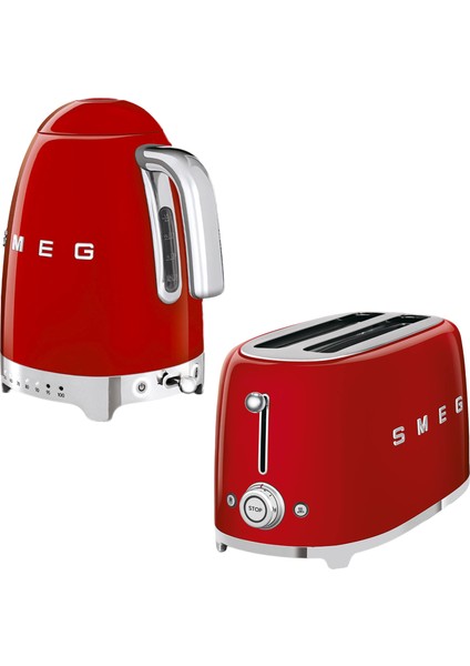 Smeg Kırmızı Isı Ayarlı Kettle ve 2x4 Ekmek Kızartma Makinesi Seti