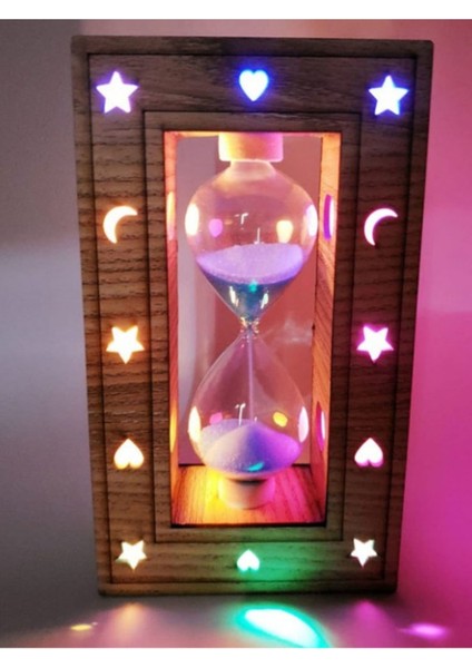 Şık Tasarımlı Renkli Işıklı Ahşap Korumalı Dekoratif Kum Saati (Pembe) fiyatları