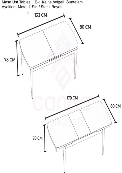 Concept Canisa Via Serisi 80 x 132 cm Açılabilir Mutfak Masası , Yemek Masası modelleri