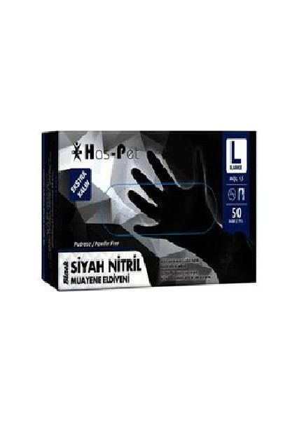 Siyah Nitril Ekstra Kalın Pudrasız L Beden Eldiven 50'li