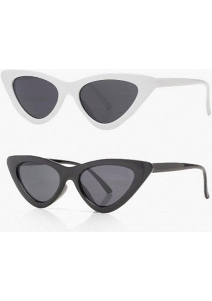 2'li Cat Eye Oval Güneş Gözlüğü (Siyah - Beyaz)