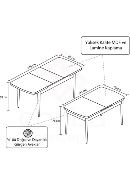 Concept Canisa Rio Serisi Mdf Açılabilir Mutfak Masası, Yemek Masası
