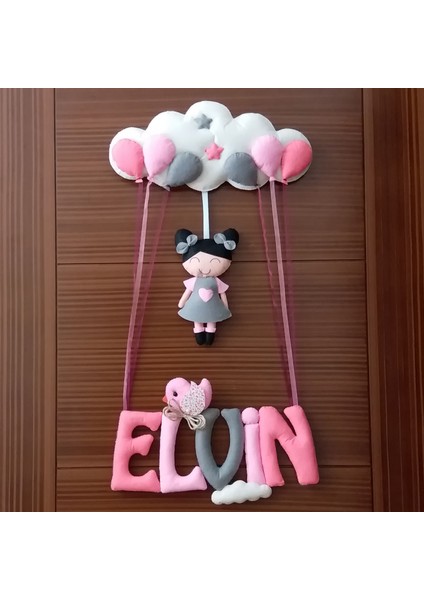 Elvin Isimli Pembe Gri Kız Bedek Odası Kapı Süsü