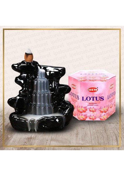 Siyah Şelale Buhurdanlık ve Lotus Nilüfer Konik Tütsü Set