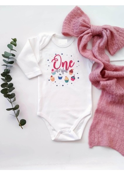 Pembe Onederful 1 Yaş Doğum Günü Uzun Kol Organik Baskı Bebek Body