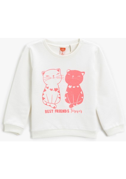 Kedi Baskılı Sweatshirt Bisiklet Yaka Pamuklu