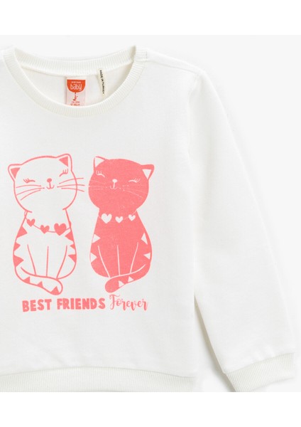 Kedi Baskılı Sweatshirt Bisiklet Yaka Pamuklu modelleri