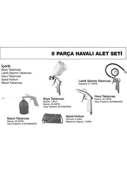 1 Havalı Alet Aksesuar Seti 5 Parça